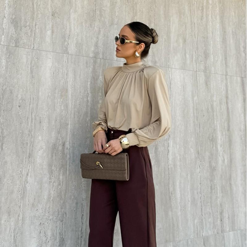 Womens Elegant Long Sleeve Silk-Like Blouse With Padded Shoulders Loose Fit Semi-High Neck Office Chic Top