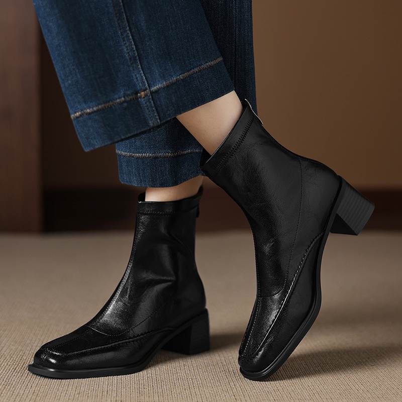 Krazing Pot Микрофибра Квадратный Носок Толстый Каблук Ботильоны Челси Размер 42 Молния Женские Плиссированная Отделка Эластичные Ботильоны