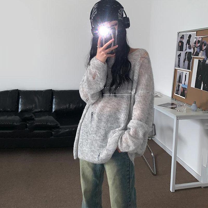 Серый вязаный ажурный свитер с защитой от солнца, женские свободные ветровые топы Y2K, тонкая верхняя одежда, пуловер, готические свитера