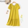 Women Casual V-neck Solid Color Puff Short Sleeve Dress