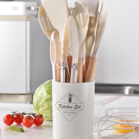 Silicone Kitchenware Set with Wooden Handles Heat Resistant Turner Tongs Spatula Spoon Brush Whisk Nonstick Cooking Tools