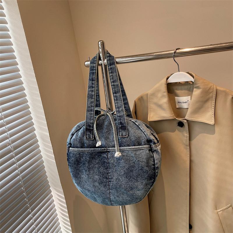 Bow Round Shape Denim Bag For Women Streetwear Fashion Large Capacity Casual Purse