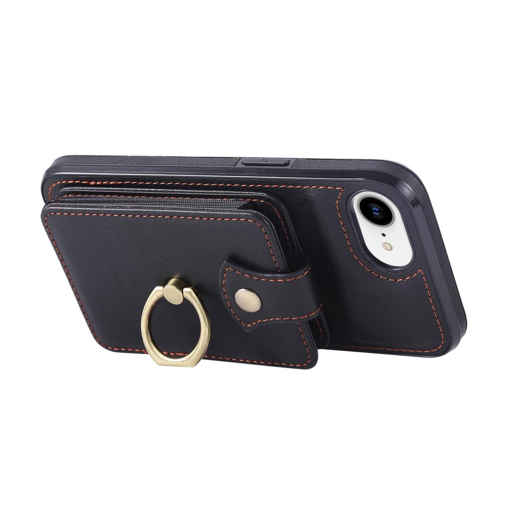 For iPhone 16e Case Card Holder Ring Kickstand TPU+PU Leather Phone Cover with Long Strap