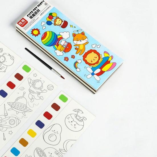 Детская акварельная раскраска 20 узоров сцен 9 цветных блоков кисти краски обучающая книга для рисования