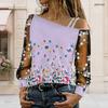 Plus Size Women Asymmetric Shoulder Long Sleeve Top Romantic Butterfly Garden Art Print Mesh Lace Splicing Blouse