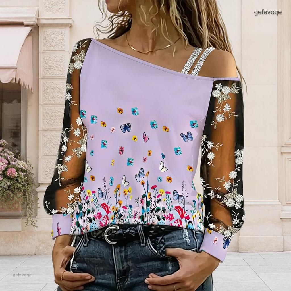 Plus Size Women Asymmetric Shoulder Long Sleeve Top Romantic Butterfly Garden Art Print Mesh Lace Splicing Blouse