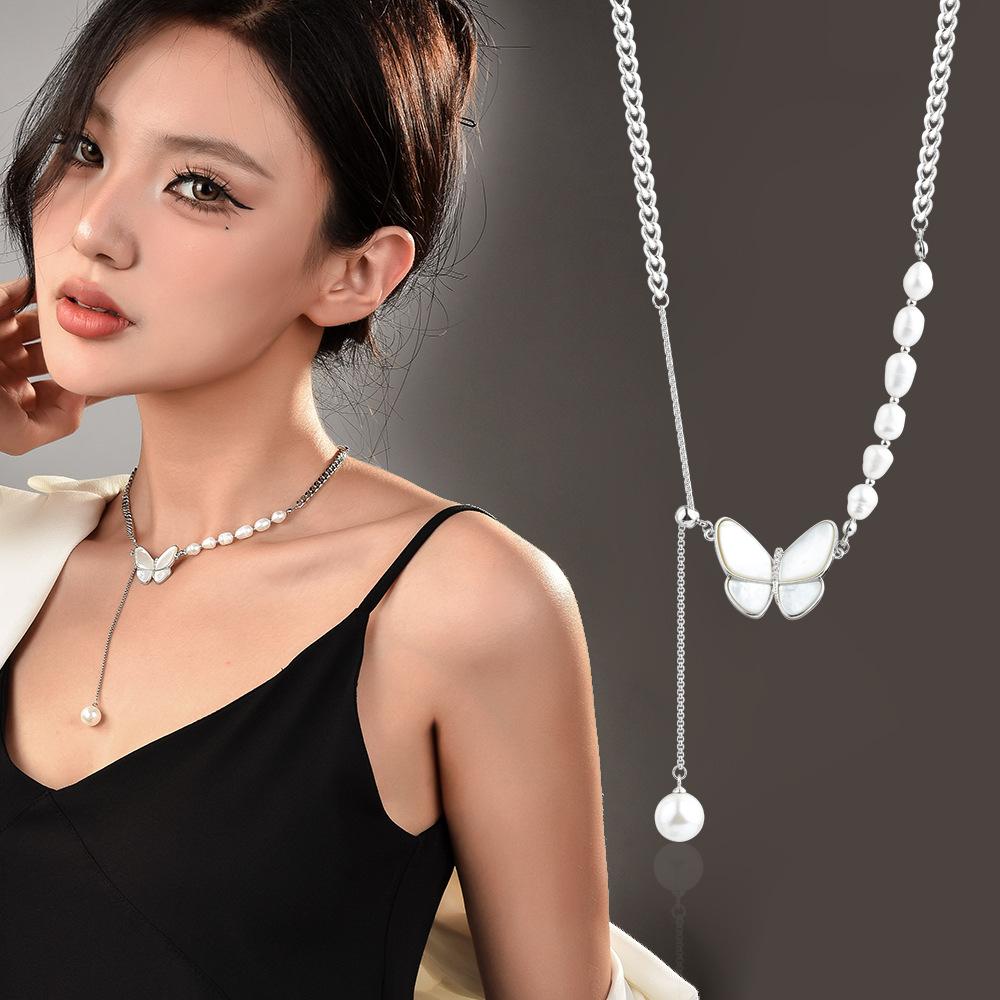 Pearl Butterfly Necklace Women'S Light Luxury Niche Design Sense Splicing Strange Pearl Collarbone Chain Neck Chain Sweater Chain