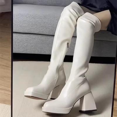 Женские высокие ботфорты на высоком каблуке, новинка сезона осень-зима 2025, маленькие, облегающие, водонепроницаемые, с квадратным носком, на толстом каблуке, белые высокие сапоги