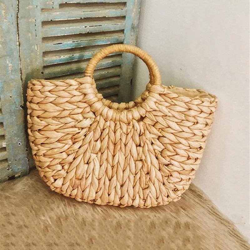 Yogodlns Simple Straw Handbag for Girls Summer Beach Travel Hand Bag Half Moon Hand Woven Rattan Handbags Round Handle Bags