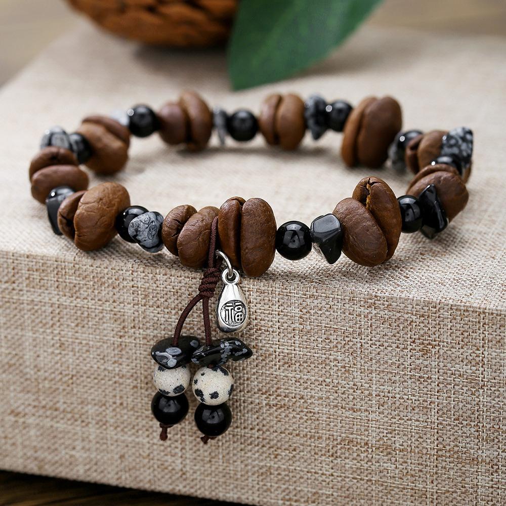 Handmade Natural Real Coffee Bean Bracelet Elastic Sandalwood Coconut Chip Wood Splicing Woven Jewelry Bracelet for Women