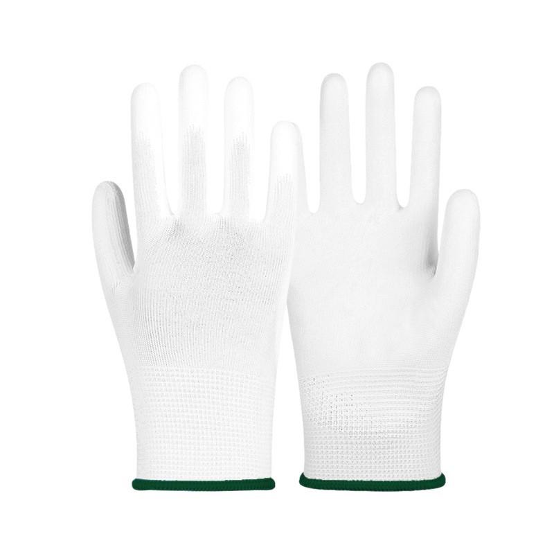 Белые перчатки с полиуретановым покрытием на ладони, антистатические, безворсовые, защита пальцев цветной полосой