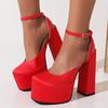 FOREADA Women Pu Leather Sandals Platform Super High Hoof Heels Square Toe Ankle Strap Buckle Sexy Party Summer Shoes Black Red