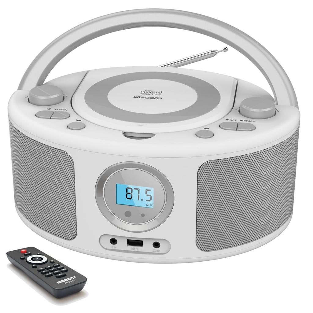WISCENT Portable CD Player with Bluetooth, FM Radio, MP3 Playback, USB Playback, and AUX Input for Music Listening, Language Learning, and Fetal