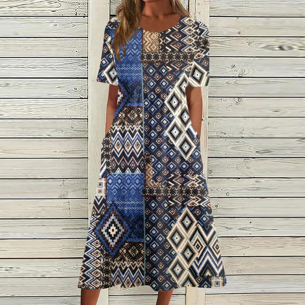 Жен. Повседневные платья Платья с принтами Летние платья С принтами Плиссированные платья-миди с круглым вырезом Классический Классический На открытом воздухе Повседневные С короткими рукавами Свободные платья