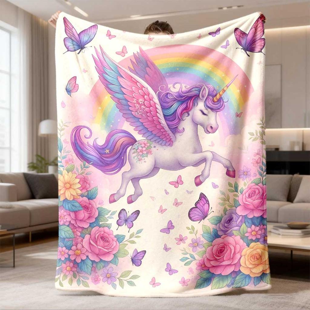 2026 Latest Flannel Blanket 1pc Soft Cozy Unicorn Print Flannel Blanket Vibrant Rainbow, Butterflies & Floral Design, AllSeason Lightweight Throw for
