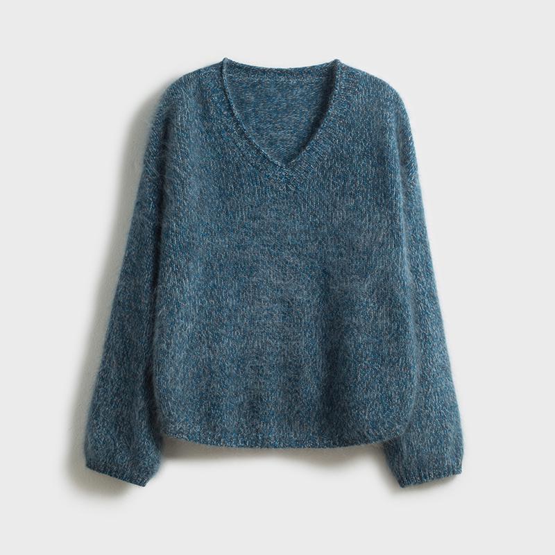 Retro V-Neck Lambswool Cashmere Bouclé Sweater