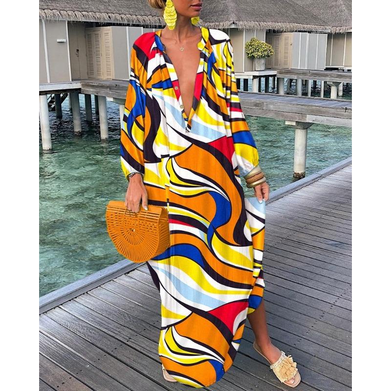 Новое модное платье с принтом и V-образным вырезом