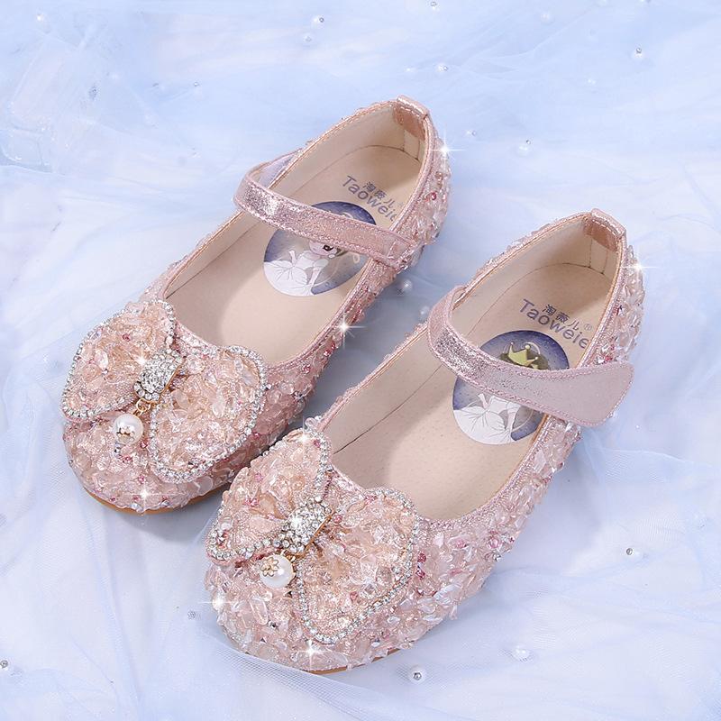 Туфли с кристаллами для девочек, детские туфли, детские туфли на плоской подошве для свадебной вечеринки, модные туфли принцессы со стразами и сверкающим бантом