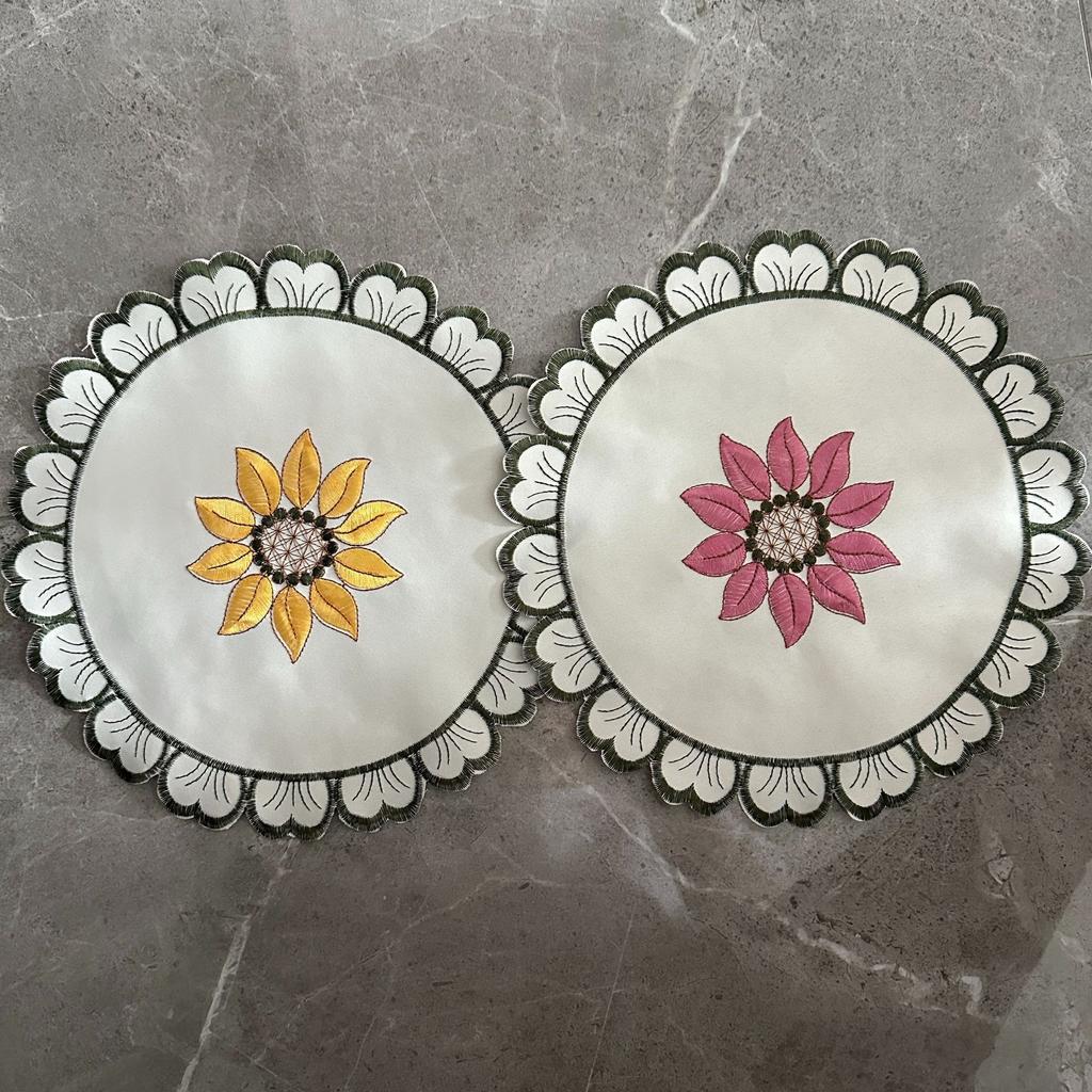 European pastoral embroidered placemat round sunflower fabric dining table mat embroidered coaster