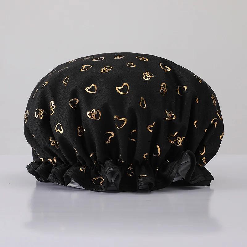 Double Shower Cap Waterproof Hair Cap Hot Gold Printed Terylene Cotton Shower Hat Bathing Comfortable Women Eco-Friendly