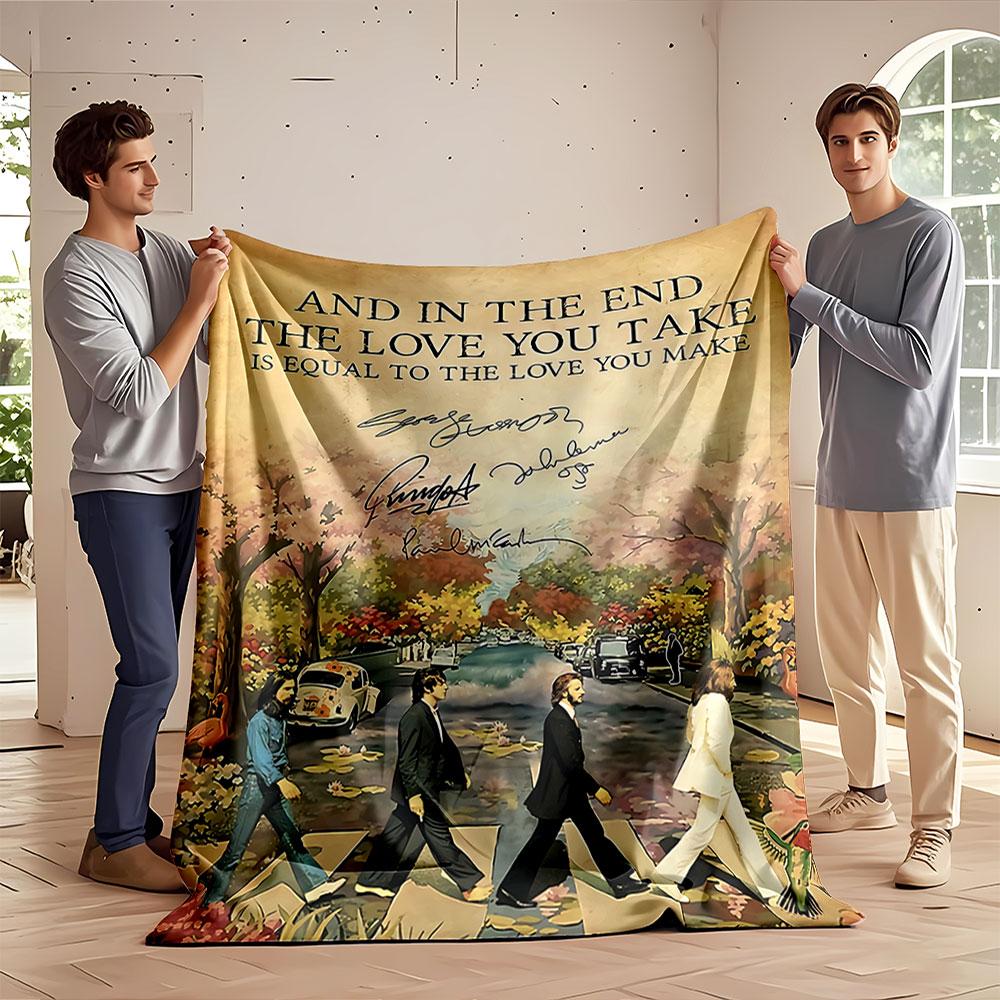 Autumn-themed Abbey Road crosswalk scene with signatures and quote. for all seasons blanket lunch break throw gift