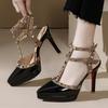 Модные Сексуальные Туфли на Высоком Каблуке с Заклепками 2025 Новые Лакированные Заостренный Носок Женские Сандалии 10 см Шпилька Платформа Вечерние Туфли для Выпускного Вечера Размер 32 33