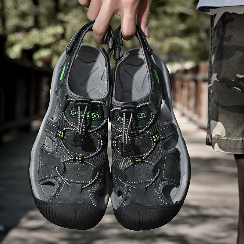 Кожаные мужские пляжные сандалии для воды, летние уличные повседневные спортивные сандалии с закрытым носком, нескользящие мягкие походные забродные кроссовки