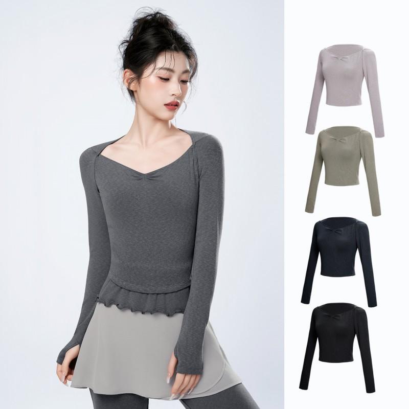 Womens Long Sleeve Ballet Practice Top Winter Dancewear V-Neck Off-Shoulder Sweater Layering Shirt