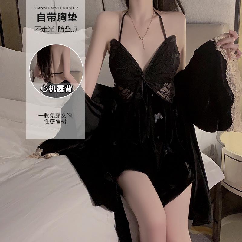 Women's Velvet Print Butterfly Halter Deep V Padded Sleep Dress with Robe Lounge Set
