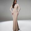 Women Evening Dress Long Sleeves Skinny Solid Color Sheath Hollow Back Floor Length Stretchy Half-high Collar Prom Party Maxi Dress
