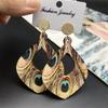 Bohemian Ethnic Peacock Feather Pattern Wooden Earrings for Women Vintage Long Hollow Water Drop Earring Vacation Casual Jewelry