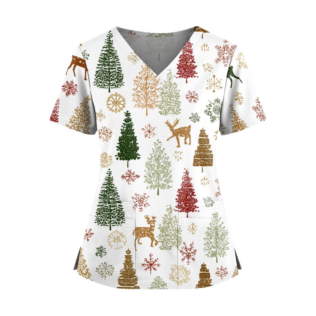 Women's Christmas Print V-Neck Double Pocket Short Sleeves Hem Slit Uniform And Caregiver Top