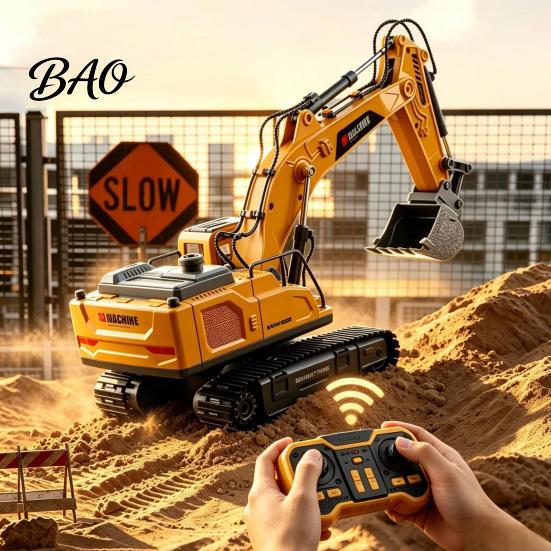 Heavy Duty Alloy Digger 3-In-1 Remote Control Excavator Toy, 3 Replaceable Heads, 2.4G RC Construction Vehicle with Sounds Lights Sounds, Movable