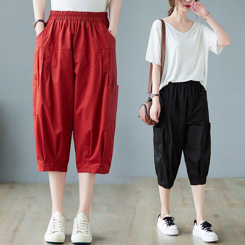 Женские летние литературные брюки большого размера из хлопка и льна, повседневные, свободные, с высокой талией, утягивающие, универсальные, в корейском стиле, с семью точками, шаровары