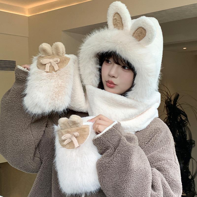 Women's Cozy Fox Ear Plush Hat with Integrated Scarf - Warm, Soft Lei Feng Design for Autumn and Winter. Perfect Ear Protection for Students.