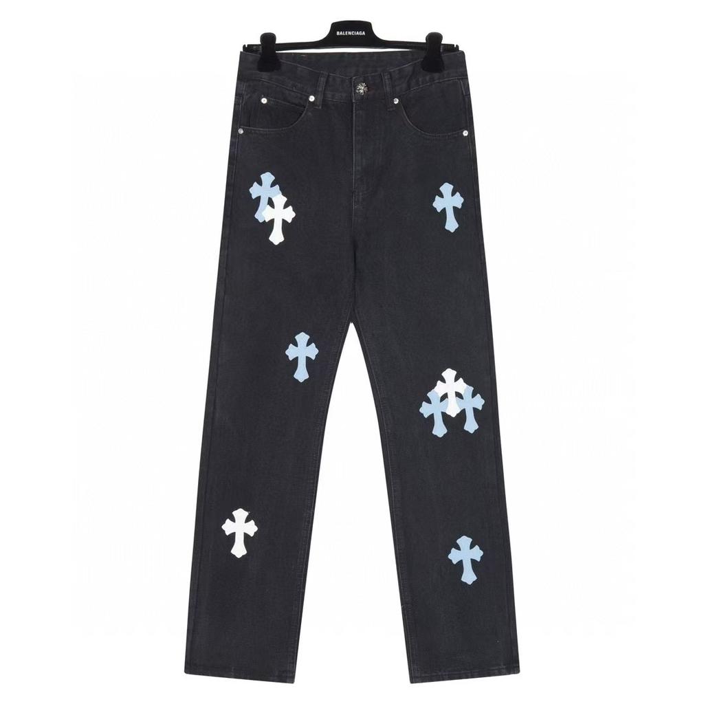 9904 CHROME HEARTS Men's and Women's American Style Trendy Jeans with Fabric Patches, Casual and Fashionable High Street Pants