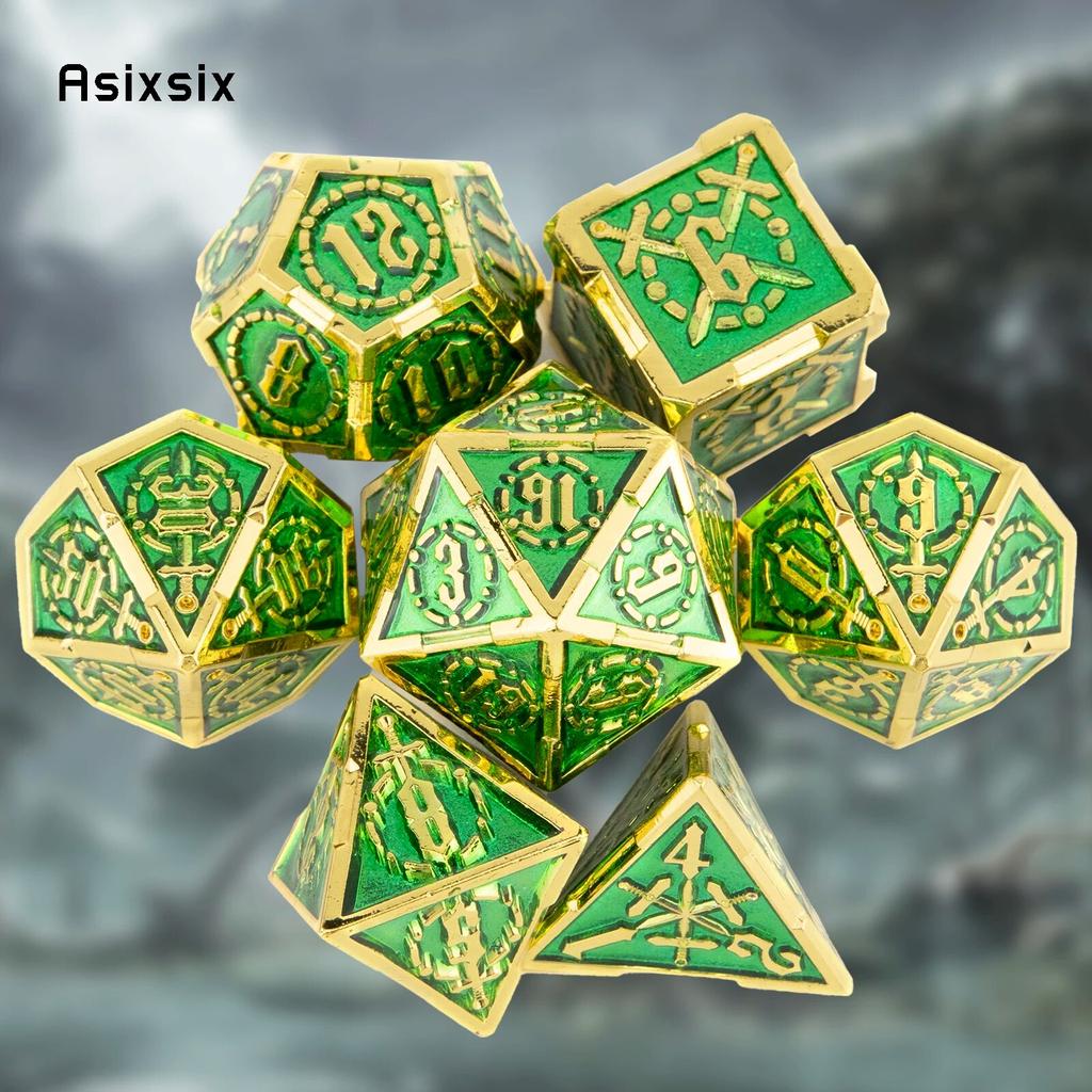 7 Pcs Green Golden Double Swords Metal Dice Solid Polyhedral Dice Set Suitable for Role-Playing RPG    Board Game