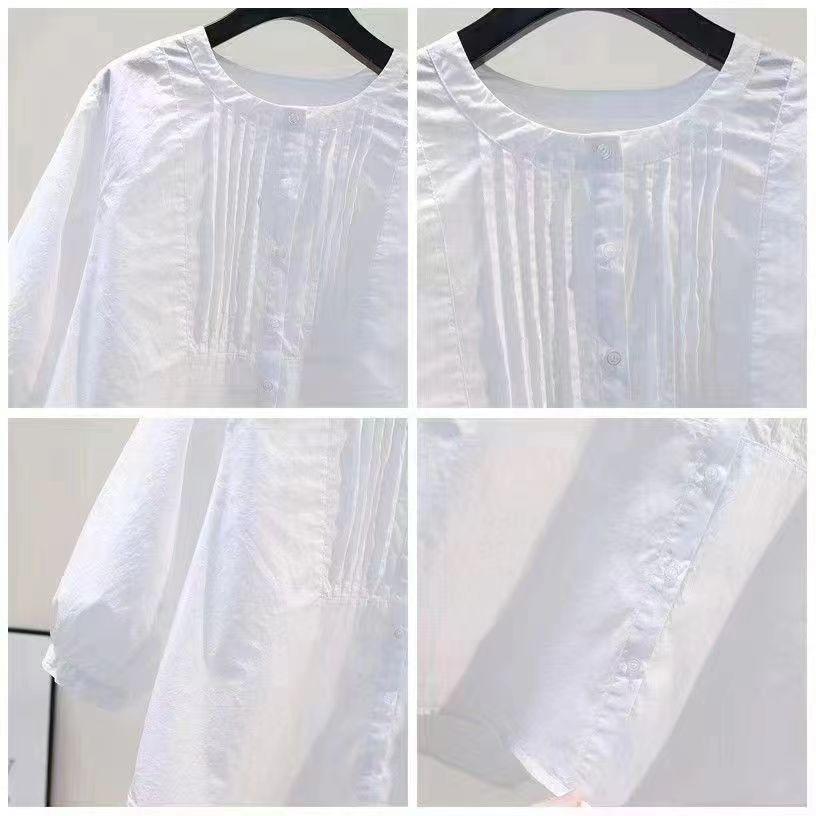 Белая хлопковая рубашка в корейском стиле женская летняя с круглым вырезом повседневная свободного кроя с коротким рукавом