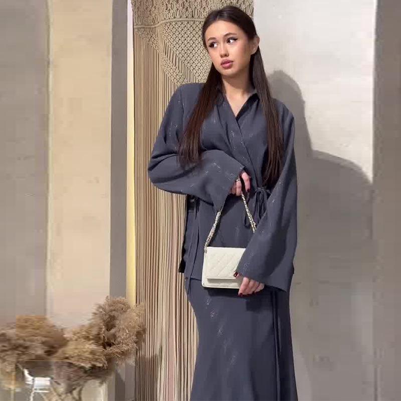 2024 Autumn Women's Solid Color Lace-Up Waist A-Line Midi Skirt and Shirt Set