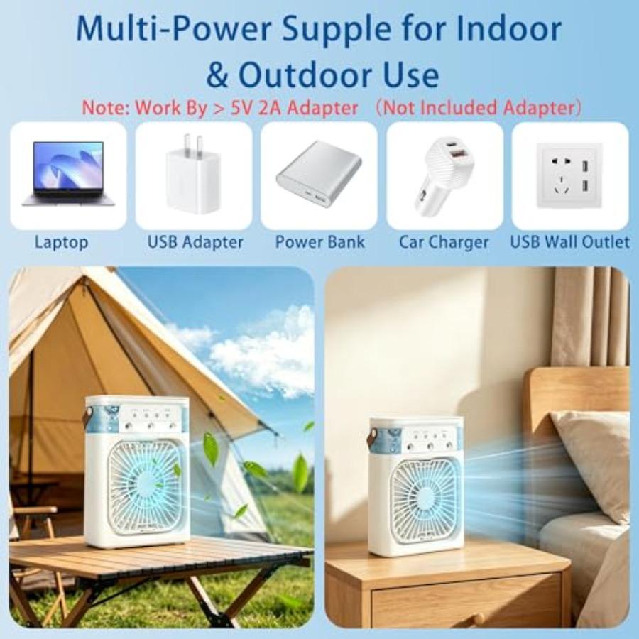 Portable Air Conditioners for bedroom and office, white ABS plastic mini air cooler fan with 2000mAh battery, 500ML tank, 3-spe