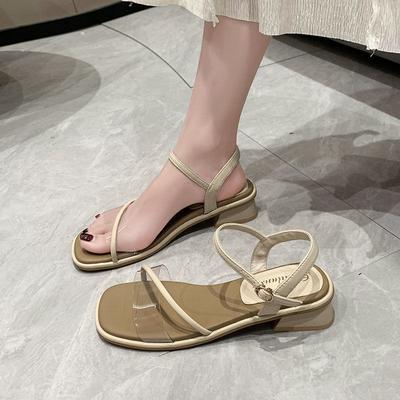 Сандалии женские 2025 новые на низком толстом квадратном каблуке французские дырявые носки слово с нежным ветром фея на высоком каблуке римские туфли