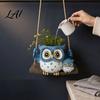 Hanging Flower Pot Decorative Owl Flowerpot Resin Swing Succulents Planter Cute Parent-child Garden Decor Planter with Hemp Rope for Indoor Outdoor
