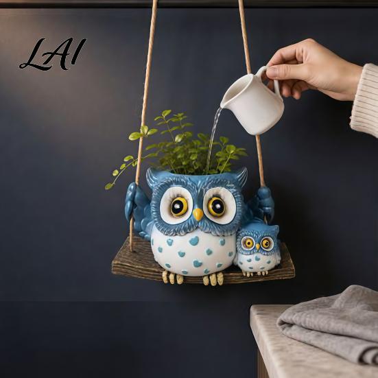 Hanging Flower Pot Decorative Owl Flowerpot Resin Swing Succulents Planter Cute Parent-child Garden Decor Planter with Hemp Rope for Indoor Outdoor