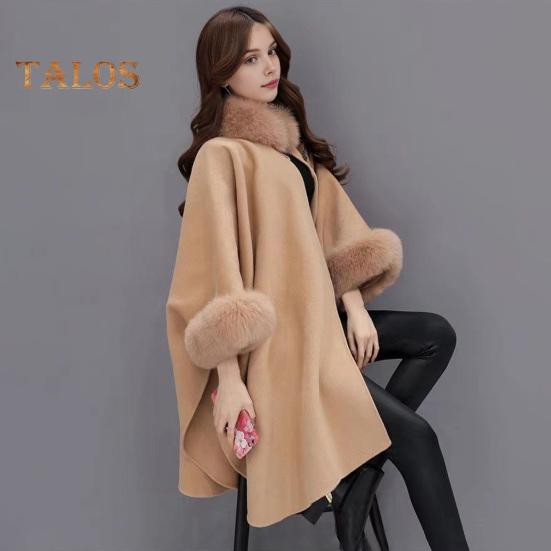 Женское зимнее пальто-накидка с рукавами «летучая мышь» Толстая шаль Свободный воротник-стойка Однотонный декор из искусственного меха Теплая повседневная одежда для работы и отдыха на открытом воздухе Пончо