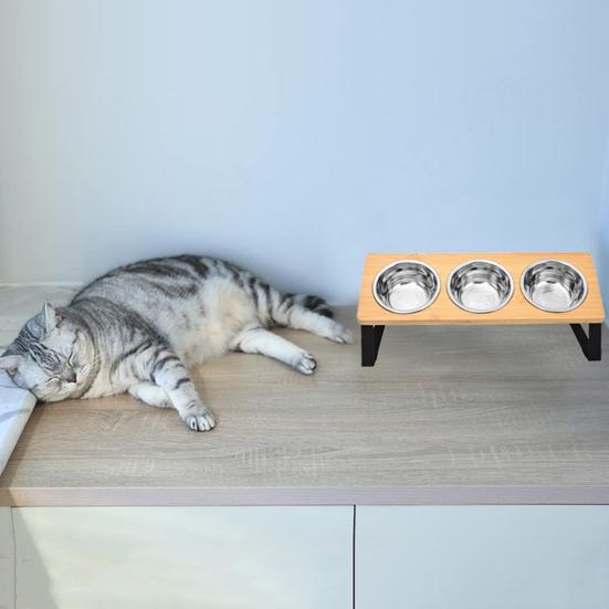 Деревянная подставка для кормушки с 3 мисками из нержавеющей стали, нескользящая маленькая и средняя миска для кошек и собак, наклоненная с поднятой водой, миска для кормления, товары для домашних животных