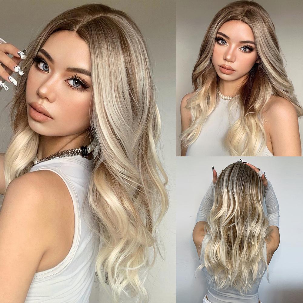 HAIRCUBE Белый Платиновый Смешанный Коричневый Синтетические Парики Длинные Волнистые Парики Из Натуральных Волос для Женщин Средняя Часть Ежедневные Термостойкие Парики