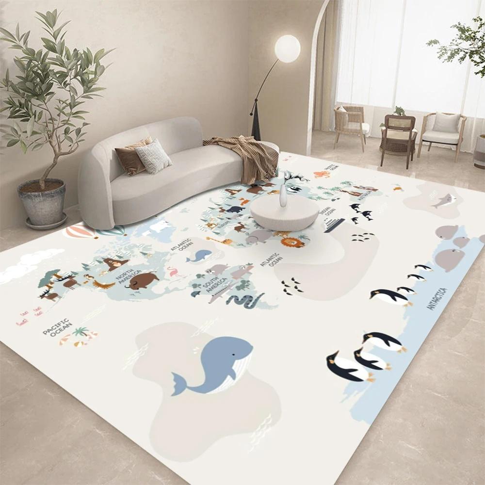 Colorful Cartoon Animal World Map Rug - Kids Educational Carpet Mat for Living Room Home Decoration Carpets for Living Room