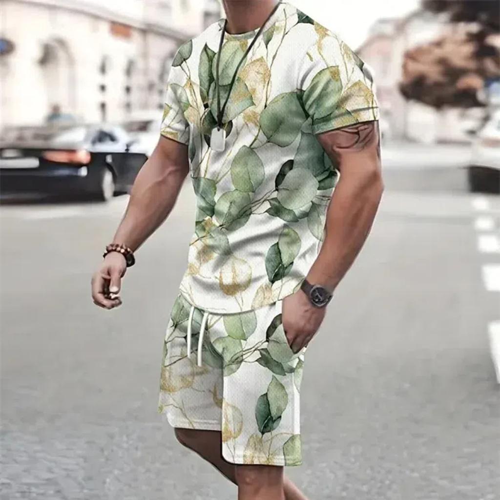 Летняя мода, футболка, шорты, комплект, темпераментный уличный мужской s, свободный топ с 3D короткими рукавами и градиентным кокосовым принтом, стиль