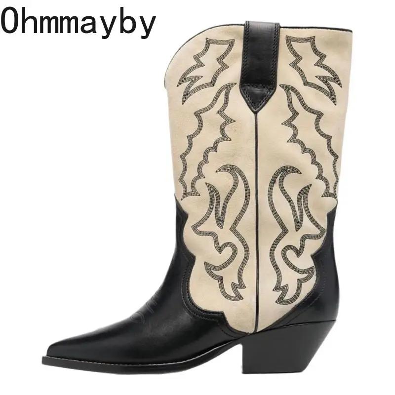 Мода Винтажные женские сапоги в стиле ковбойши Модные туфли с острым носком и вышивкой Осень-зима Толстый каблук Дамы Длинные сапоги рыцаря