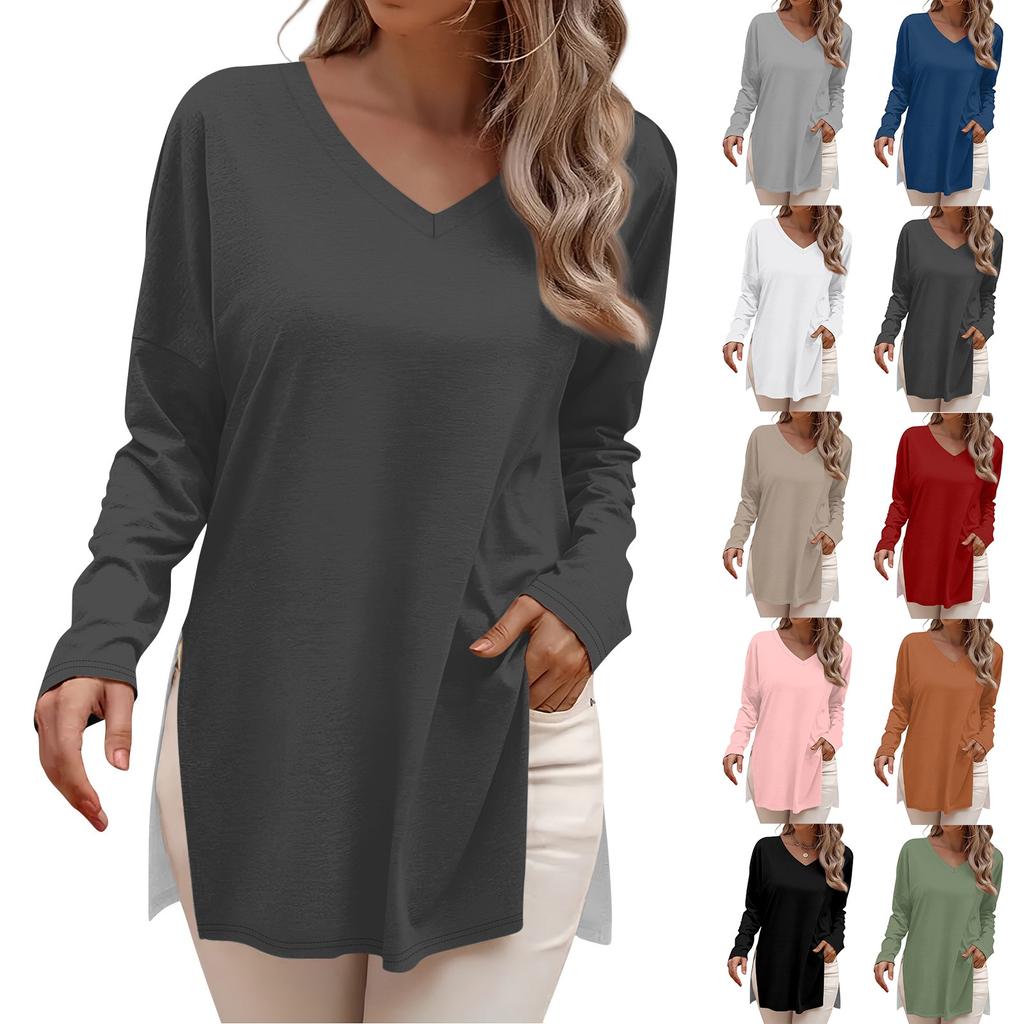 Женская мода рубашки с длинным рукавом свободные облегающие V-образные вырезы базовые топы повседневные наряды